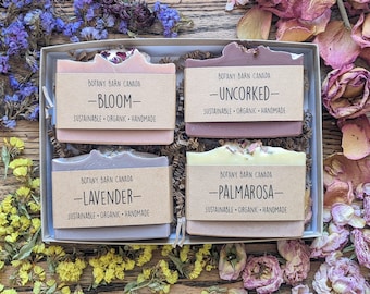 Self Care Gift Set of Four Floral Soaps. Handmade Gift for Mother's Day, EcoFriendly Birthday. Organic Coconut Milk & Lavender Essential Oil