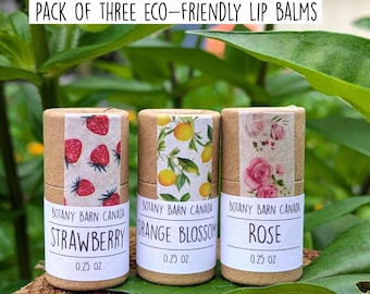 May include: A pack of three eco-friendly lip balms in cardboard tubes. The labels read "Strawberry", "Orange Blossom", and "Rose". Each tube has a decorative label with fruit or flower illustrations. Each balm is 7.09 g.