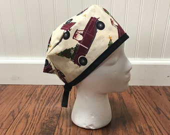 Men's Surgical Scrub Cap/Hat- Santa in Truck with Christmas Tree