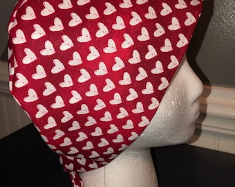 Women's Pixie Surgical Hat/Cap- Red with white hearts