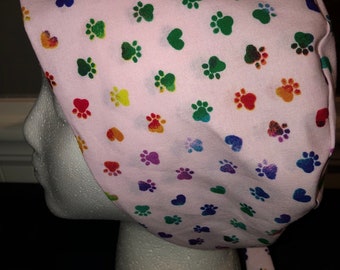 Women's Pixie Surgical Hat/Cap- Rainbow Pawprints on pink
