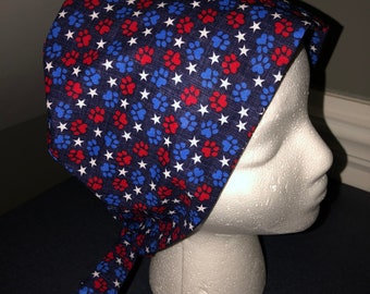 Women's Pixie Surgical Scrub Cap / Hat - Patriotic paw prints