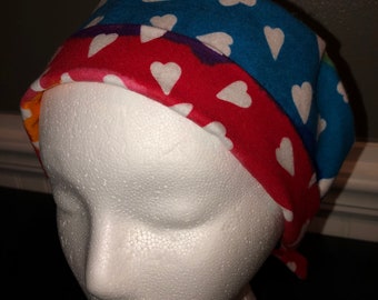 Women's Pixie Surgical Scrub Cap / Hat - Hearts on rainbow flannel