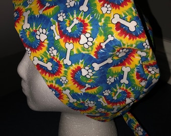 Women's Pixie Surgical Hat/Cap- Tie dye with dog bones and paw prints