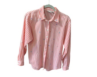 Koret Francisca Petites WOmens Size M Vintage Long Sleeve Roll Tab Striped button Up shirt Top Blouse Striped