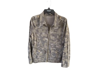 May include: A camouflage print jacket with a zipper closure and gold buttons. The jacket has a collared neckline and long sleeves.