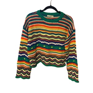 Cellecci Womens Sz Medium Long Sleeve Loose Knit Sweater Striped Multicolor Raglan Sleeve Crop Vintage