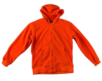 Deer Camp Boys Youth Size Large Neon Orange Long Sleeve Fleece Hooded Jacket Coat Full Zip Hunting