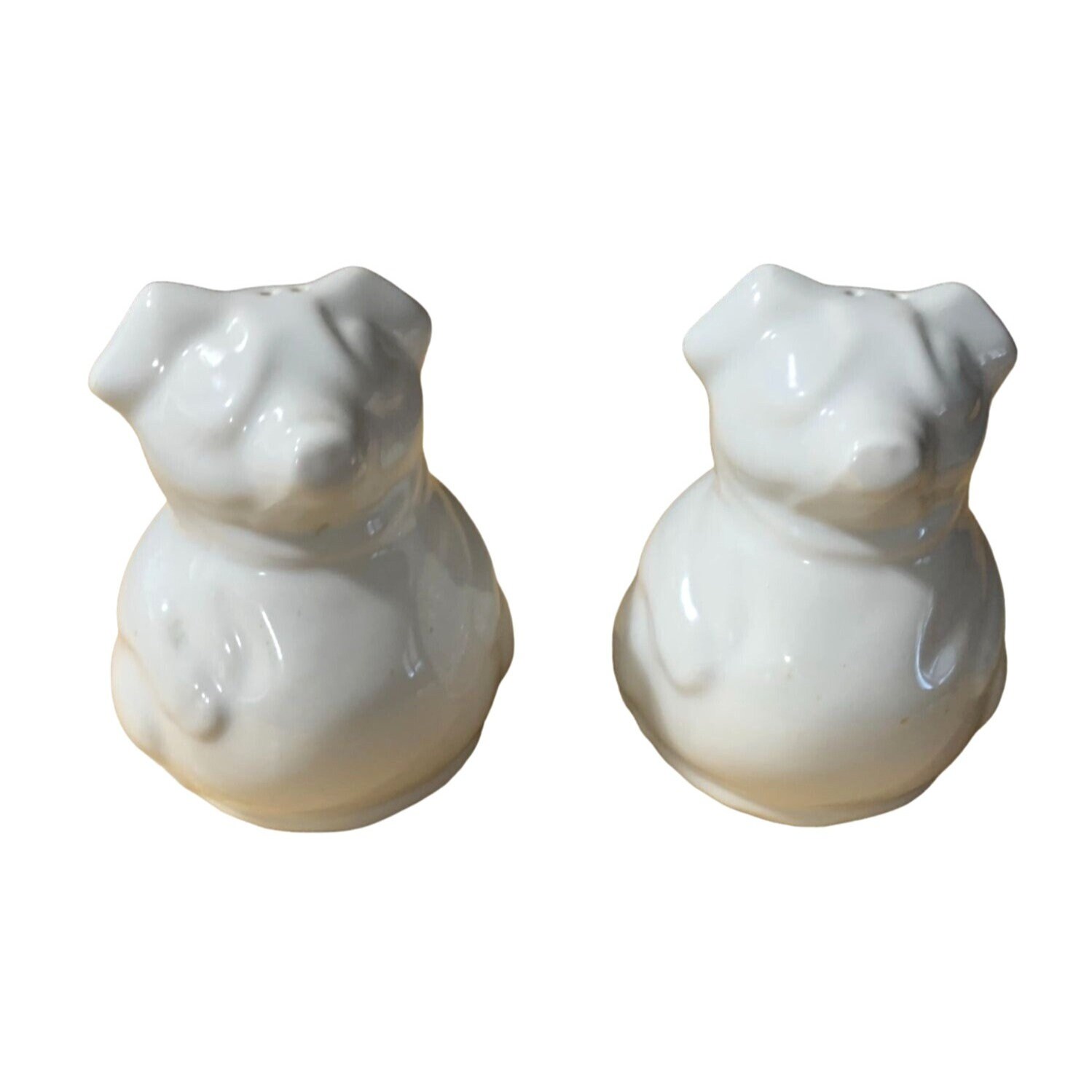 Unique Vintage White Pigs Salt Pepper Shakers Ceramic Shiny 3.75 in Tall