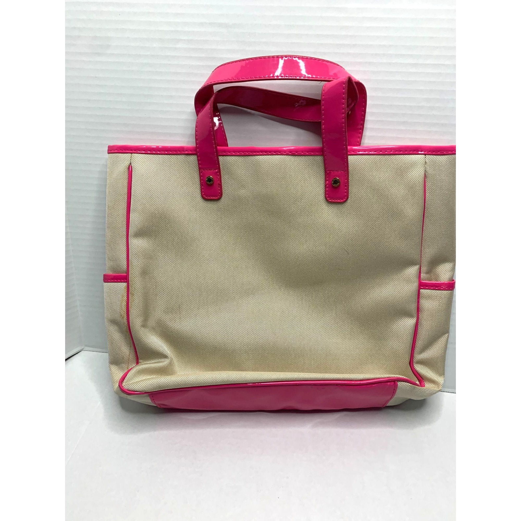 VS Victorias Secret Tote Bag Canvas Beige Pink Patent Leather Trim