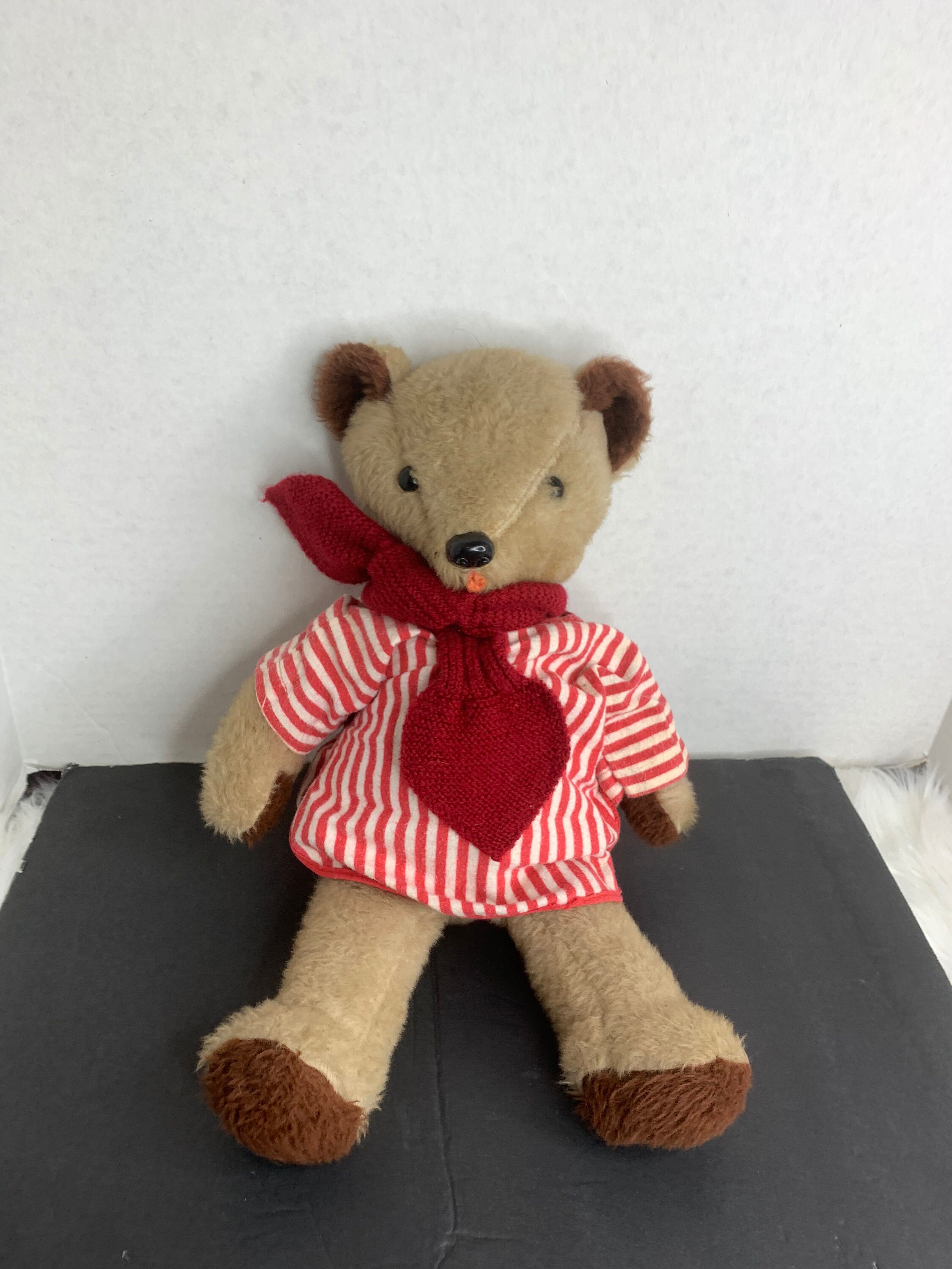 Vintage Bear Plush Brown Stuffed Animal Toy tongue 17 in Plastic nose Eyes red shirt & scarf