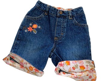 Vintage Y2k Disney Original Mickey Girls infant Baby Size 12 months Long Shorts Jeans Cuffed Floral Hem