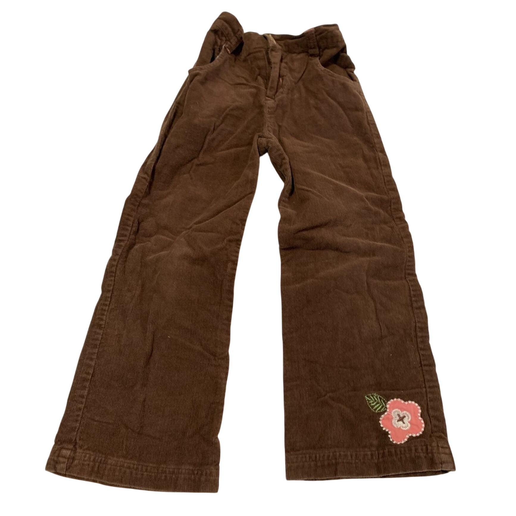 Pantalon en velours côtelé marron pour filles, taille 5, écusson brodé fleur rose - France