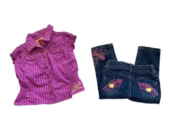 Vintage Apple Bottom Jeans Niñas Bebé Bebé 3 6 meses 2 piezas Set Jeans púrpura oro manzana Gingaham corto