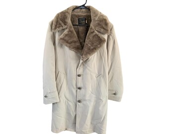 Deluxe Quality Outerwear Mens Size 40 Tan Beige Fur Lined Winter Coat Jacket Button Up Vintage