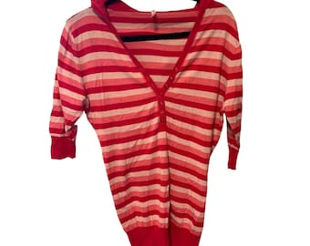 Vintage Y2k, Womens Size XL Henley Hooded Pull OVer Sweater Hooded Striped pink red 1/2 sleeve