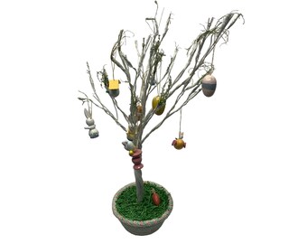 Decorated Easter Tree with Removeable Ornaments Blue Pink Wicker Basket Eggs Bunnies