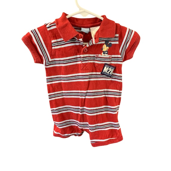 Vintage DIsney Baby Boys Infant Baby 0 3 Months Striped Shorts 1 Piece Romper Red Short Sleeve 1/4 button