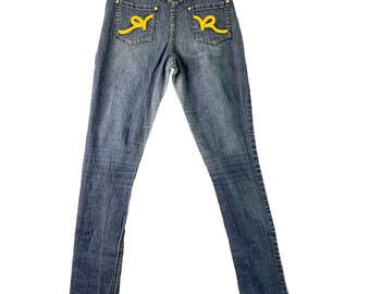 Rocawear Girls Size 14 Jeans Skinny Yellow Logo Spellout Blue Denim