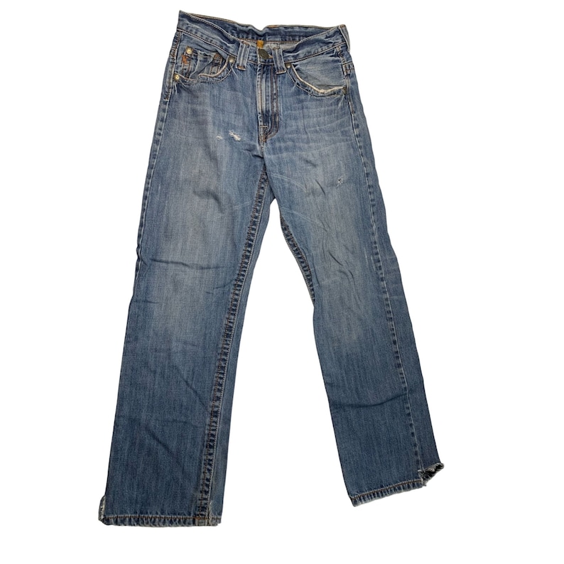 May include: A pair of blue denim jeans with a faded look and distressed details. The jeans have a straight leg fit and a classic five-pocket style.