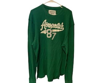 Vintage Y2K Aeropostale Herren Größe XXL Thermo Langarm Pull Over Waffel Strick Top Shirt Grün