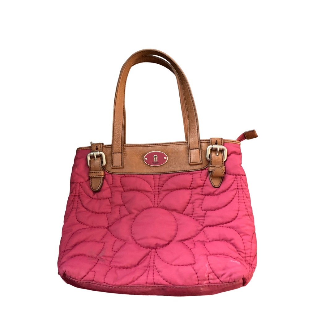 Fossil Key Purse Handbag Quilted Shoulder Bag Leather Trim Wine
