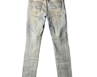 Aeropostale Bayla Skinny Jeans für Damen, Größe 11 12, Used-Look, verzierte Taschen, Denimblau