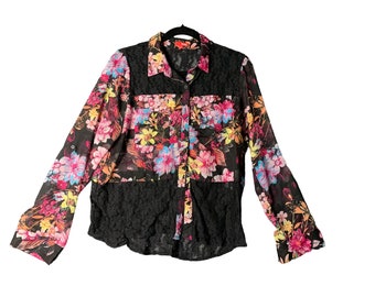 Bongo Mujer Talla Grande Sheer Lace Button Up Top Shirt Blusa Floral Lace Panels Rosa negro Manga larga