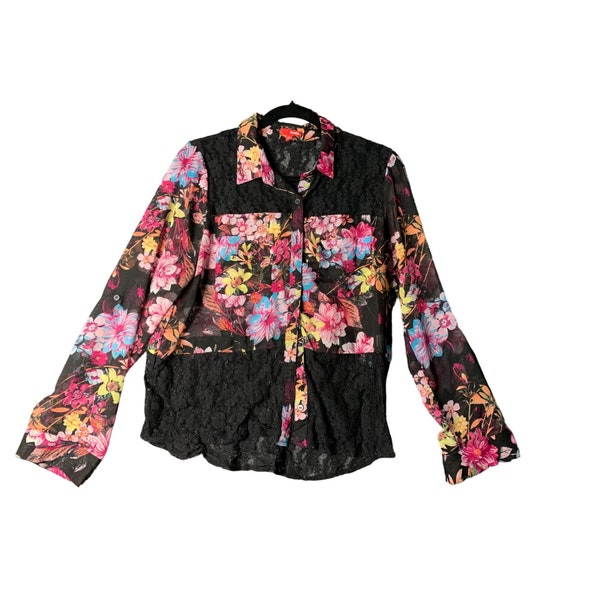 Bongo Womens Size Large Sheer Lace Button Up Top Shirt Blouse Floral Lace Panels Pink black Long Sleeve