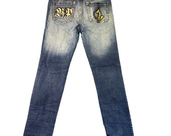 Baby Phat Jeans Damen Größe 13 14 Gerades Bein Spellout Logo Gesäßtaschen Blue Denim Whiskering