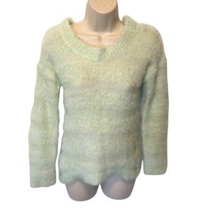 Y2K Vintage Dolled Up Fang Womens Sz Small Mint Green Sweater Fuzzy Long Sleeve Furry Pullover