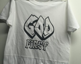 GOD FIRST Youth Girls boys Unisex Tshirt t shirt tee   white cotton