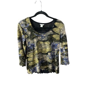 Christopher Banks Damen-Pullover, Größe L, Whimsigoth, Schwarz-Lila, 3/4-Ärmel, Rüschenbesatz, Rundhalsausschnitt