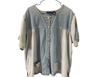 CST BLues Womens Size 2X Short Sleeve Button Up Top Chambray Two Tone Denim Jean  Shirt Top