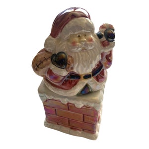 Santa Claus and Chimney salt pepper shakers Ceramic Lusterware Nesting Stacking Red White