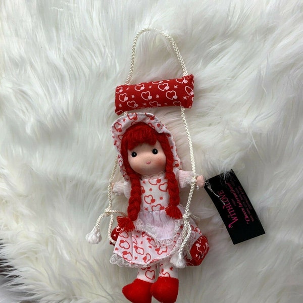 New With Love Red White Plush Doll Swing Red Braids 1984 Hangs Up 8.5" Tall