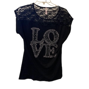 Addictive Y2k Vintage Womens Size Large Short Sleeve Tshirt Lace Shoulder Panel LOVE spelled Out Shirt Bling Top