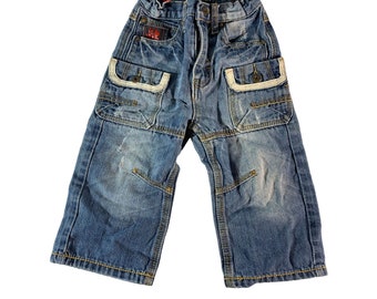 Roca Wear Rocawear Baby Boy Säugling Größe 2T Cargo Jeans Y2K Verstellbare Taille Rot Weiß Gestickte Taschen