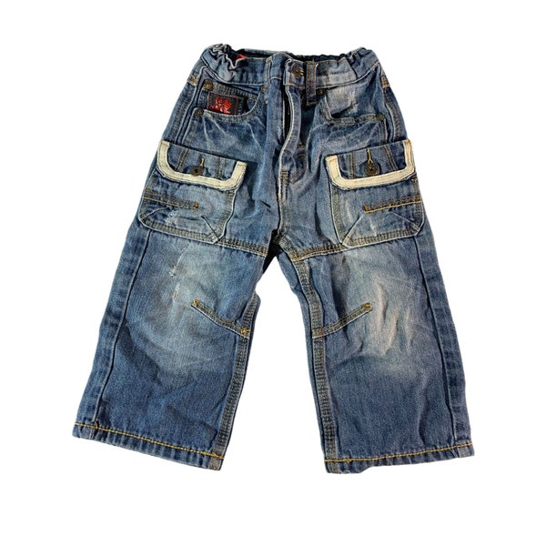 Roca Wear Rocawear Baby Boy Infant Size 2T Cargo Jeans Y2K Adjustable waist Red White Embroidered pockets