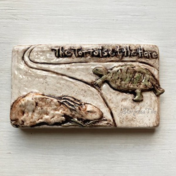 Tortoise and Hare, Slow and Steady,  Hand painted Tile, Aesop's Fable Art, Storybook Art, Ceramic Art Tile, Nursery Art, Made in Colorado