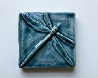 Dragonfly Ceramic Art Tile: Handmade Relief Clay Tile, 4x4