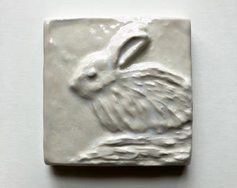 Handmade White Rabbit Relief Ceramic Tile - 4x4 Art Tile