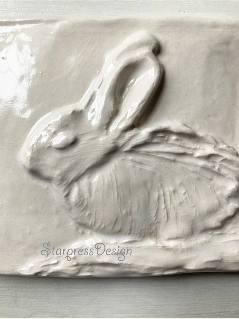 Rabbit Ceramic Tile, Handmade Rabbit Art, Carved Art Tile, Rabbit Wall Decor, Nursery Art