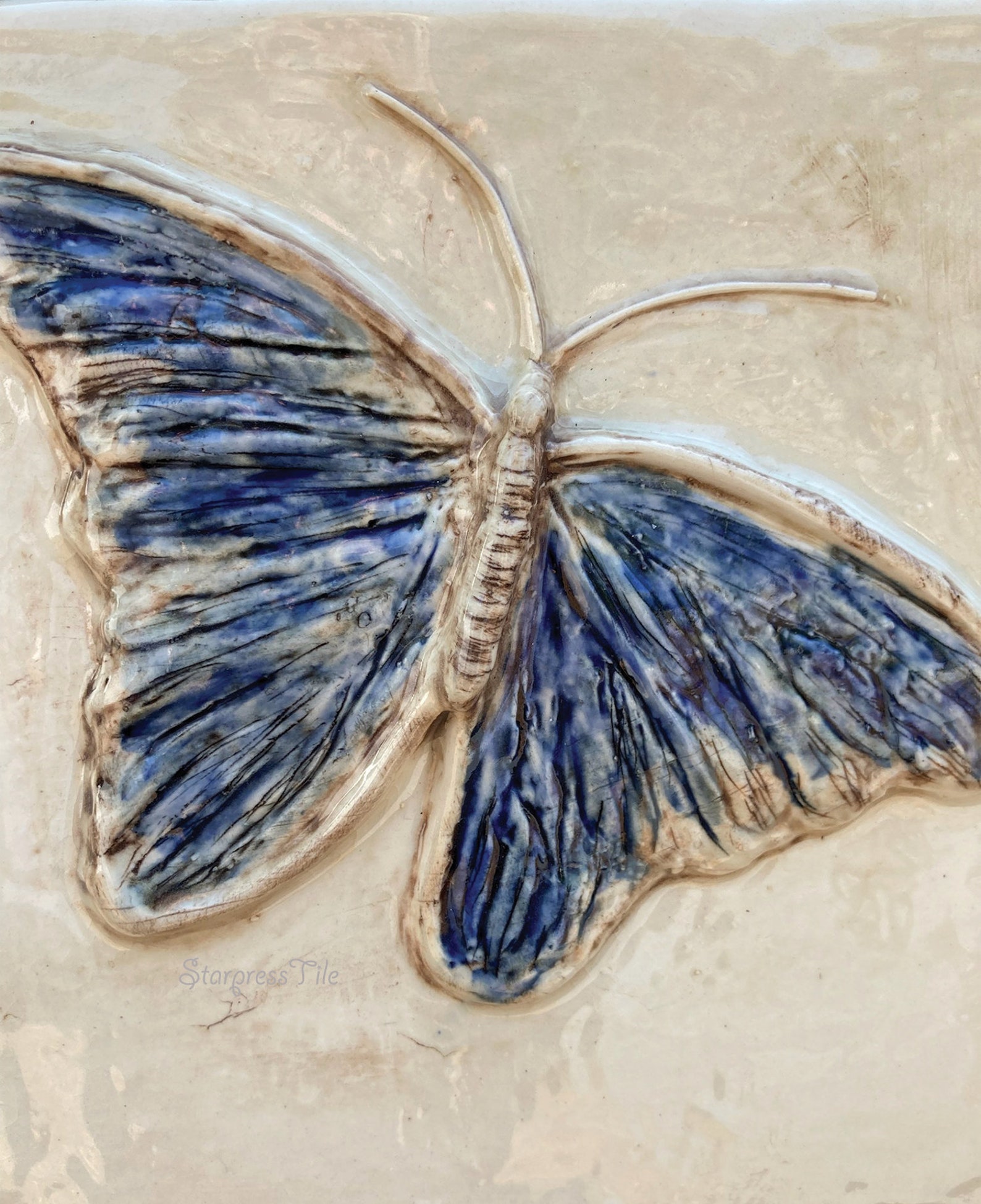 Pacific Blue Tile, Original Hand Painted Ceramic Art Tile, 6 X 6 Inch - Parasol Kitties