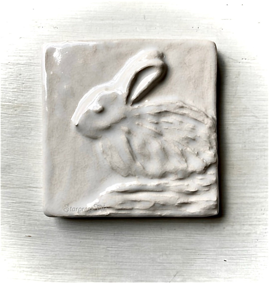 White Rabbit Ceramic Tile, Handmade Art Tile, 4x4 Tile, Bunny Art , Accent Backsplash Tile