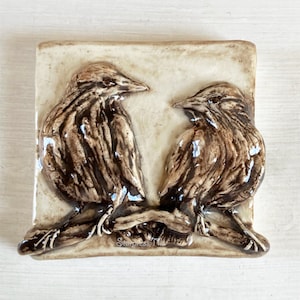 Starlings Ceramic Tile, Relief Handmade Tile, Pair of Starlings, Porcelain clay, Handmade in Colorado, Love gift, Pair of Birds Art