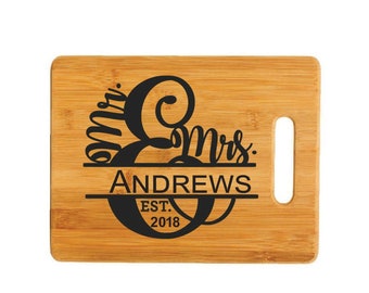 Mr and Mrs Bamboo Cutting Board for Wedding, Custom Personalized Laser Engraved Gift