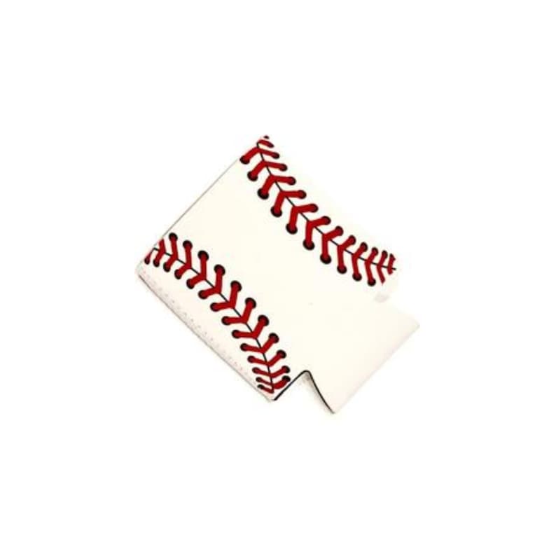 May include: White neoprene can cooler with a red baseball stitch design.