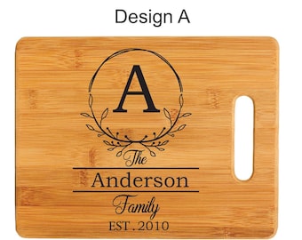 Family Monogram Bamboo Cutting Board, Custom Personalized Laser Engraved Gift