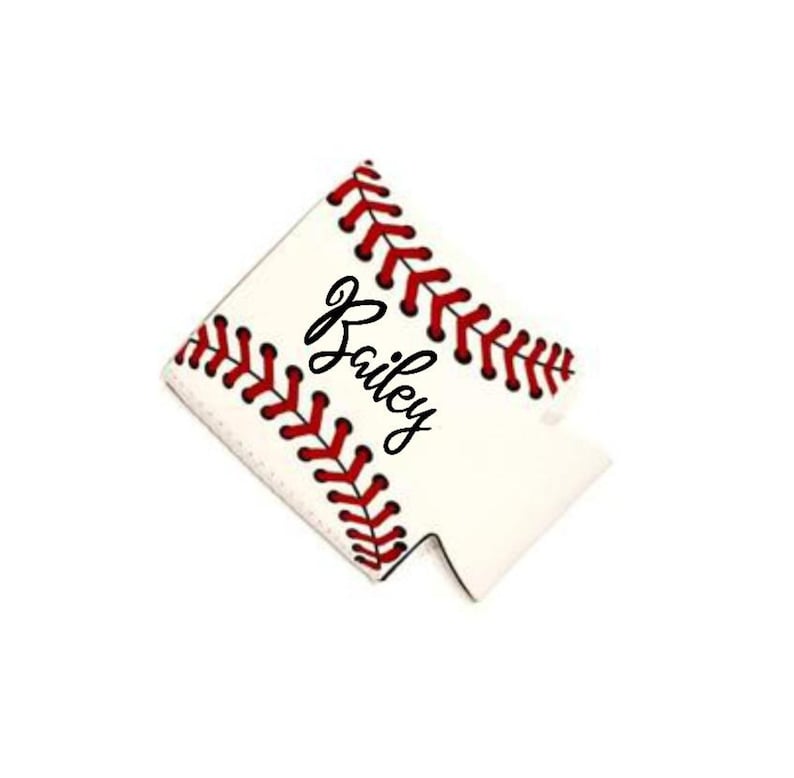 May include: White can cooler with a baseball design and red stitching. The name "Bailey" is written in black cursive on the cooler.